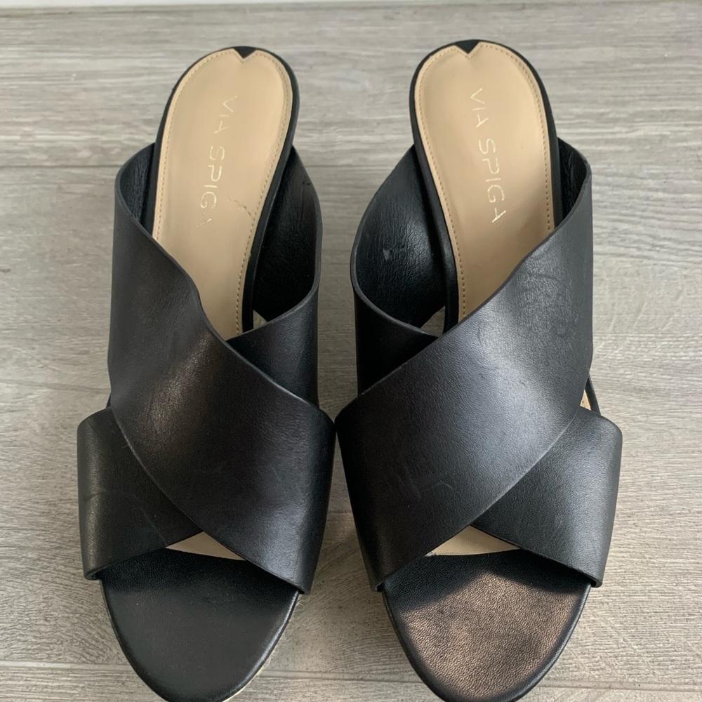 Via Spiga Black Leather Espadrille Sandal Wedges 8M - Picture 6 of 11